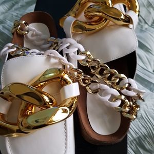 Unused White and Gold Chunky Chain Mules